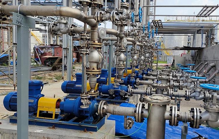 Row of blue centrifugal pumps with stainless steel piping and valves at an industrial plant